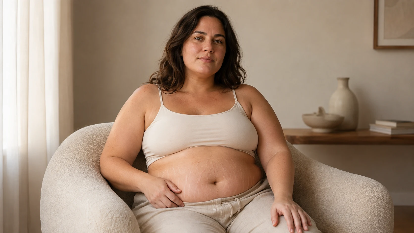 Woman seated in a soft armchair in warm daylight, one hand resting on her stomach.